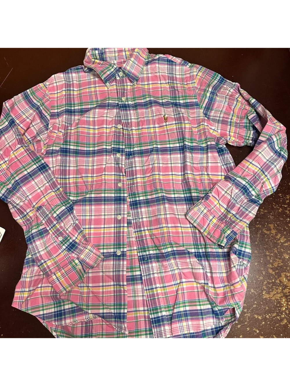 Polo Ralph Lauren, pink blue plaid, long sleeve button up shirt, large